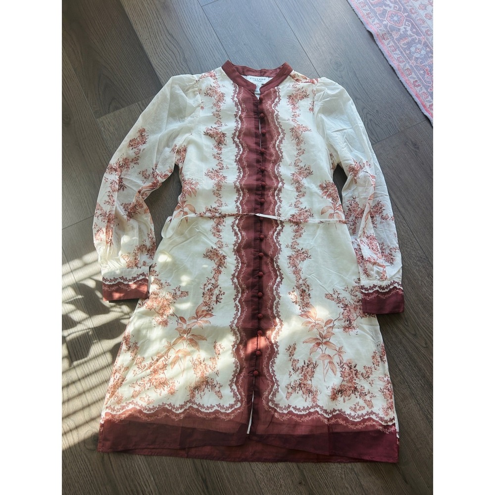 Calypso St Barth Floral Shirt Dress Rust Cream Crochet Button Medium Boho Lined
